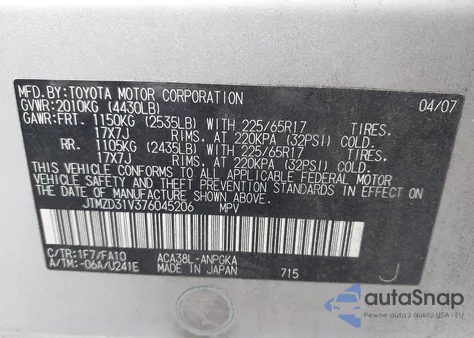 2007 Toyota Rav4 Limited from USA, damaged, VIN JTMZD31V376045206